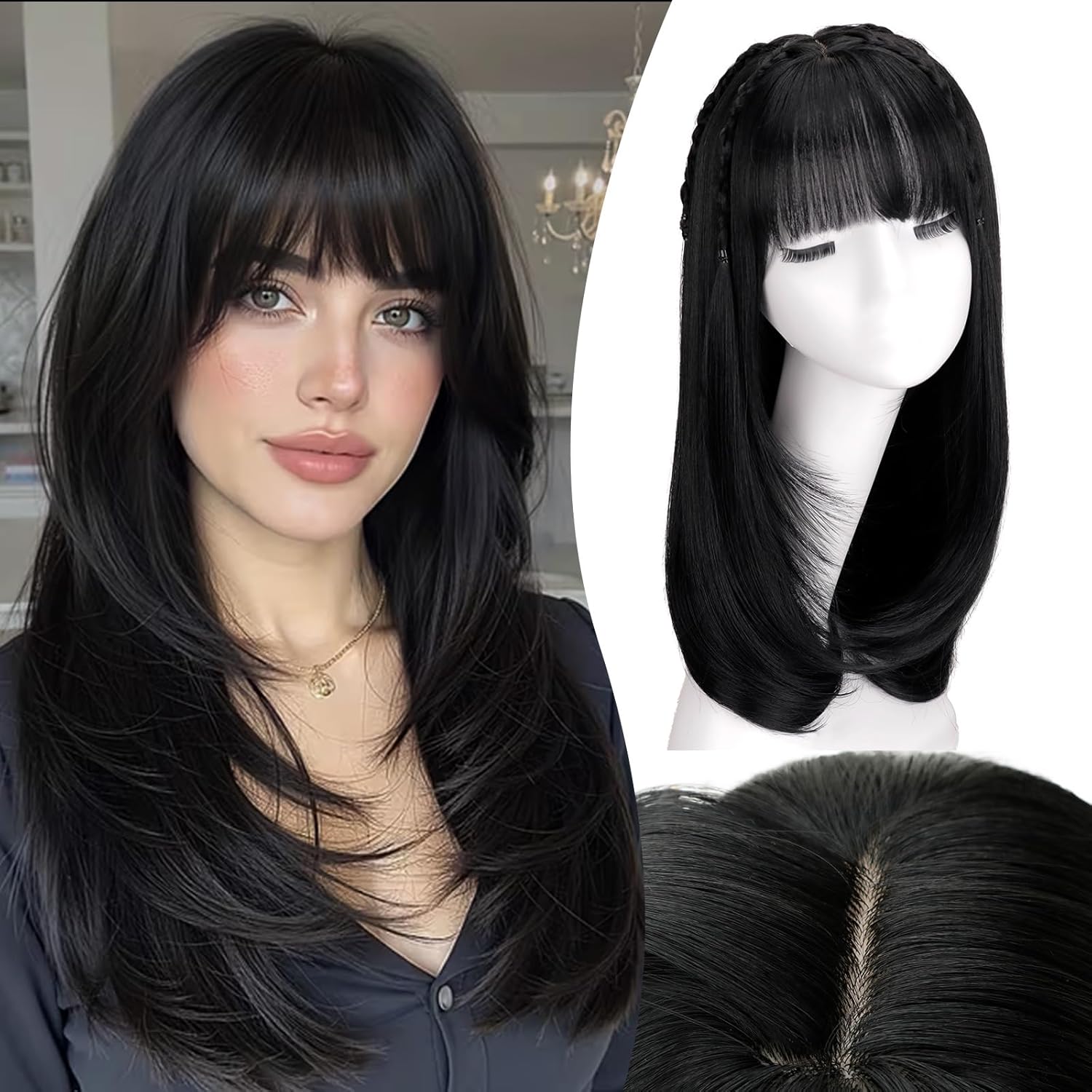 NOSTALGIA Black Straight Layered Wig with Bangs for Women, 4x4 Realistic Scalp, Free Parting, Realistic Natural Looking Heat Resistant Synthetic Wigs for Daily Party Cosplay Use 20Inch