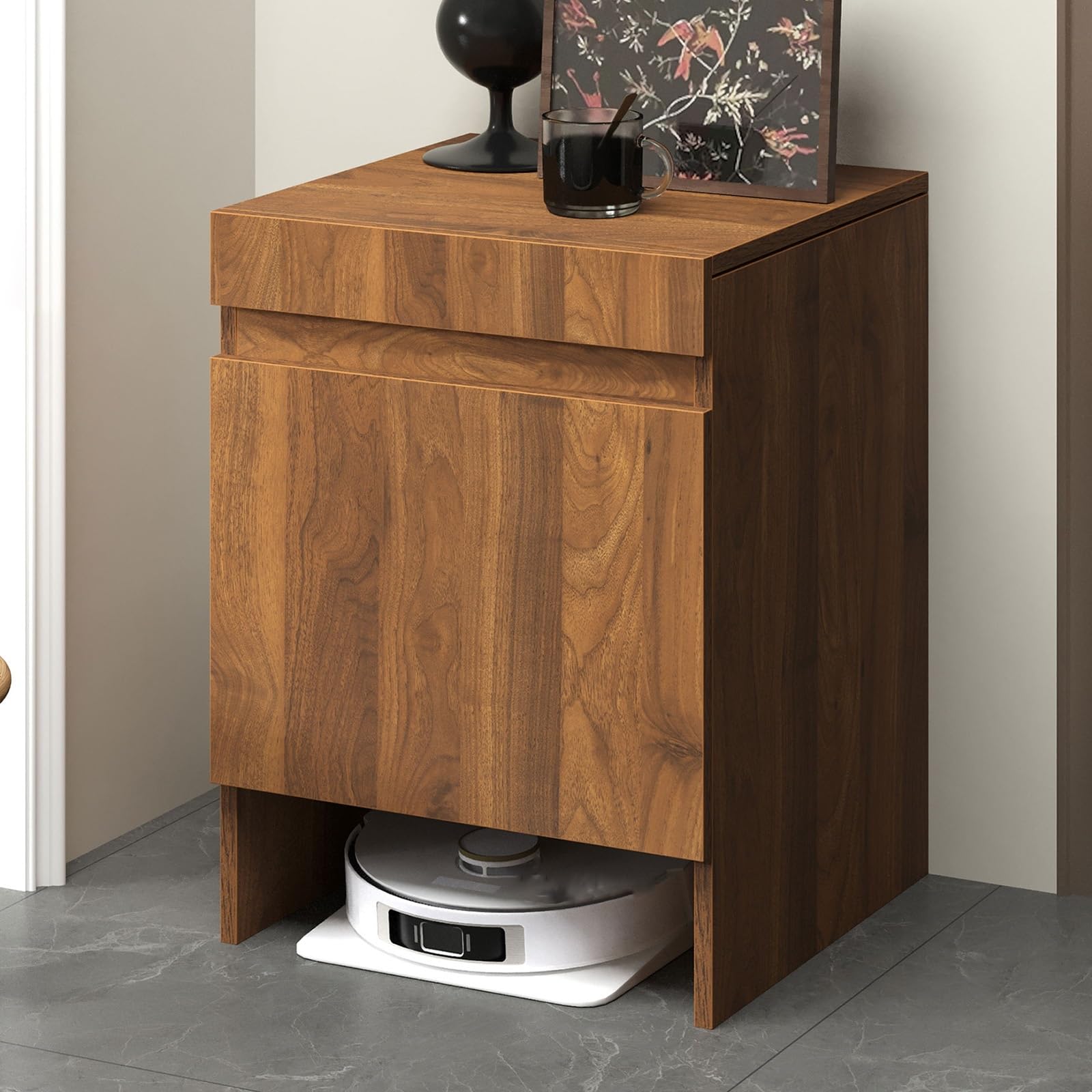 Mesa auxiliar de madera de nogal para salon y robot aspirador