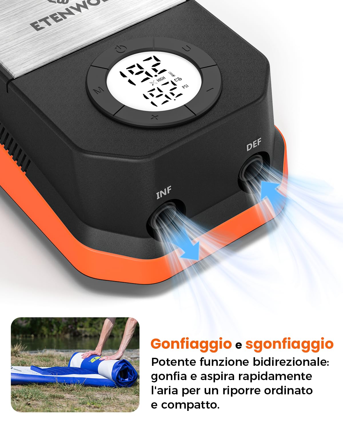 ETENWOLF Pompa ad aria S4 Paddle Board da 1,4 bar ad alta pressione 12 V DC con arresto automatico e deflazione, 4 pompe elettriche veloci per barche di stand up paddle board, kayak, materasso ad aria