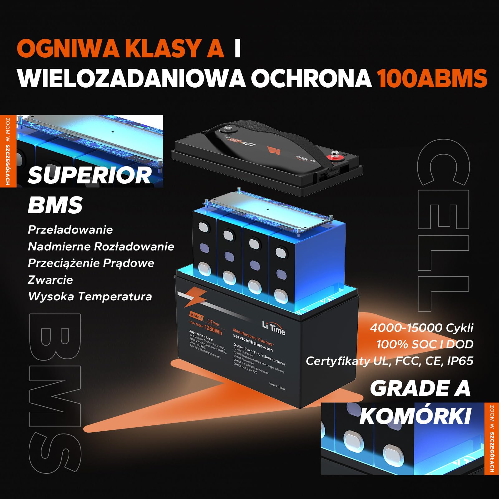 LiTime 12V 100Ah LiFePO4 Akumulator Litowy, Bateria LiFePO4 z Płytką BMS 100A, Do 15 000 Cykli i 10 Lat Żywotność, Akumulator LiFEPO4 Idealny Do kamperów, Zastosowań Poza Siecią, Energia Domowa