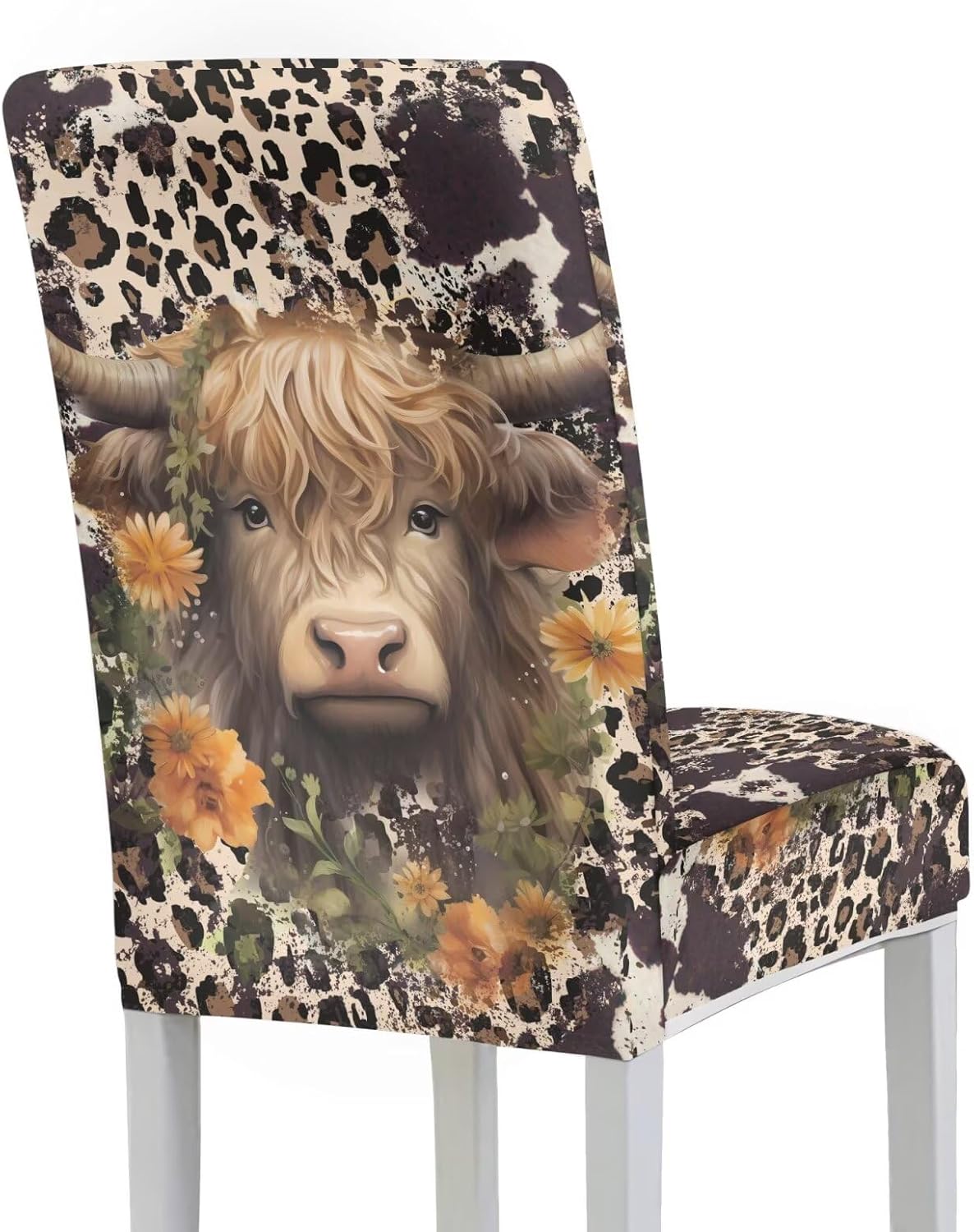 Highland Cow Flower Print Dining Chair Covers Set of 4 Kitchen Chairs Seat Slipcover Protector for Ding Room Stretch Chair Cover