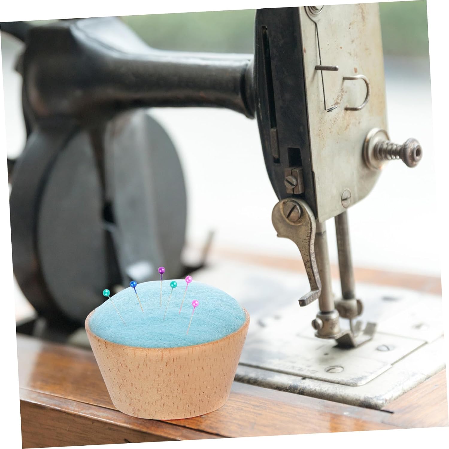 TOKIDNY Wool Ball Needle Cushion with Wooden Base Half-Round Sewing Pin Holder Portable Blue Pincushion for Sewing and Embroidery Crafts
