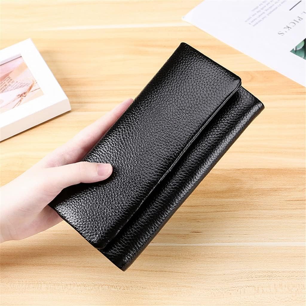 Long Genuine Leather Ladies Wallet with Lychee Grain Design and Multiple Card Slots (Black)