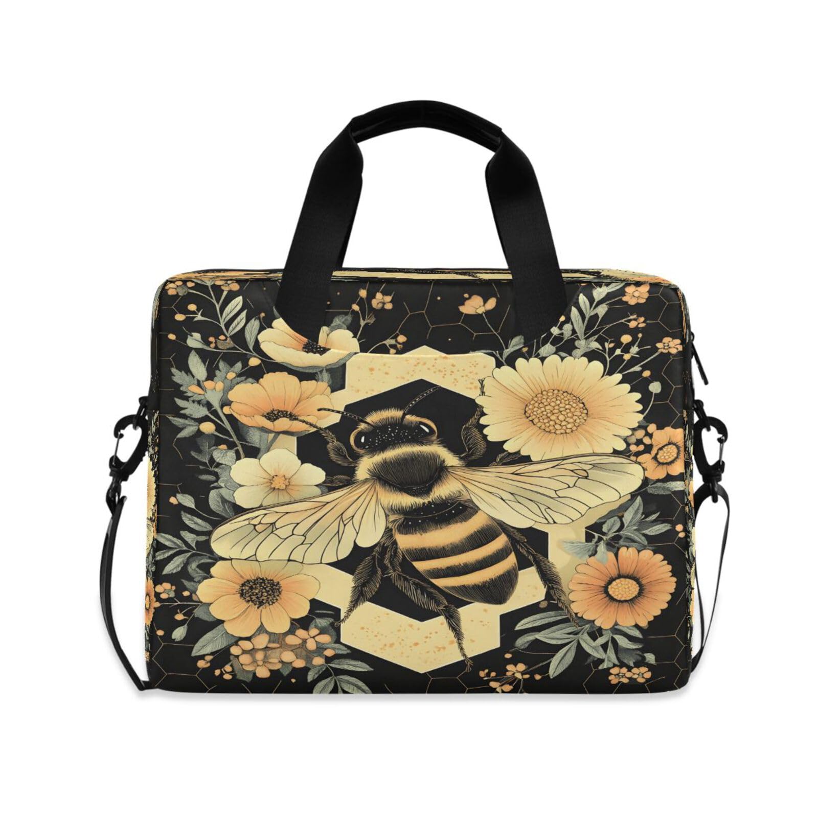 Quteprint Honey Bee Flowers Hexagons 15.6 Inch Laptop Bag Briefcase for Business, Water-Resistant Computer Bag Fits 14-16 Inch Notebook for Men Women,