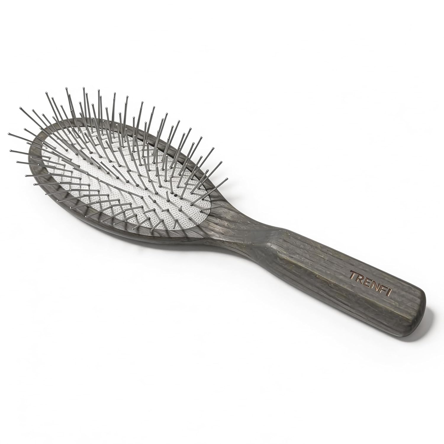 Oval Paddle Brush — Silver Metal Pins - No Ball Tips - Air-Cushion Scalp Massage Brush for Thick and Curly Hair - Carbonized Willow Wood - Detangling