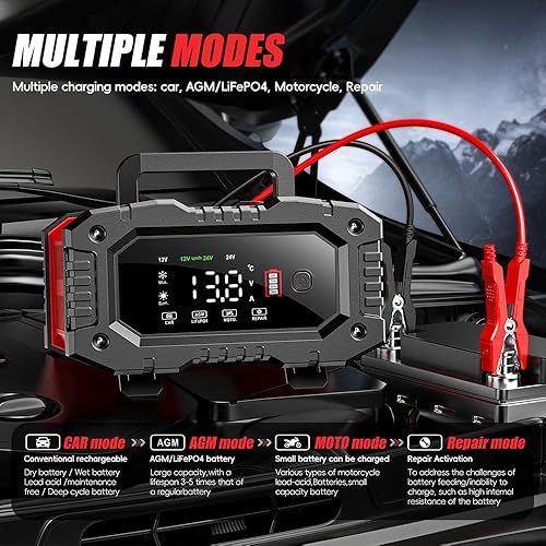 Miniatura 4 de Haibro Cargador de batería de coche de 20 amperios, 12 V24 V inteligente automático de 7 etapas de carga de batería con función de reparación de