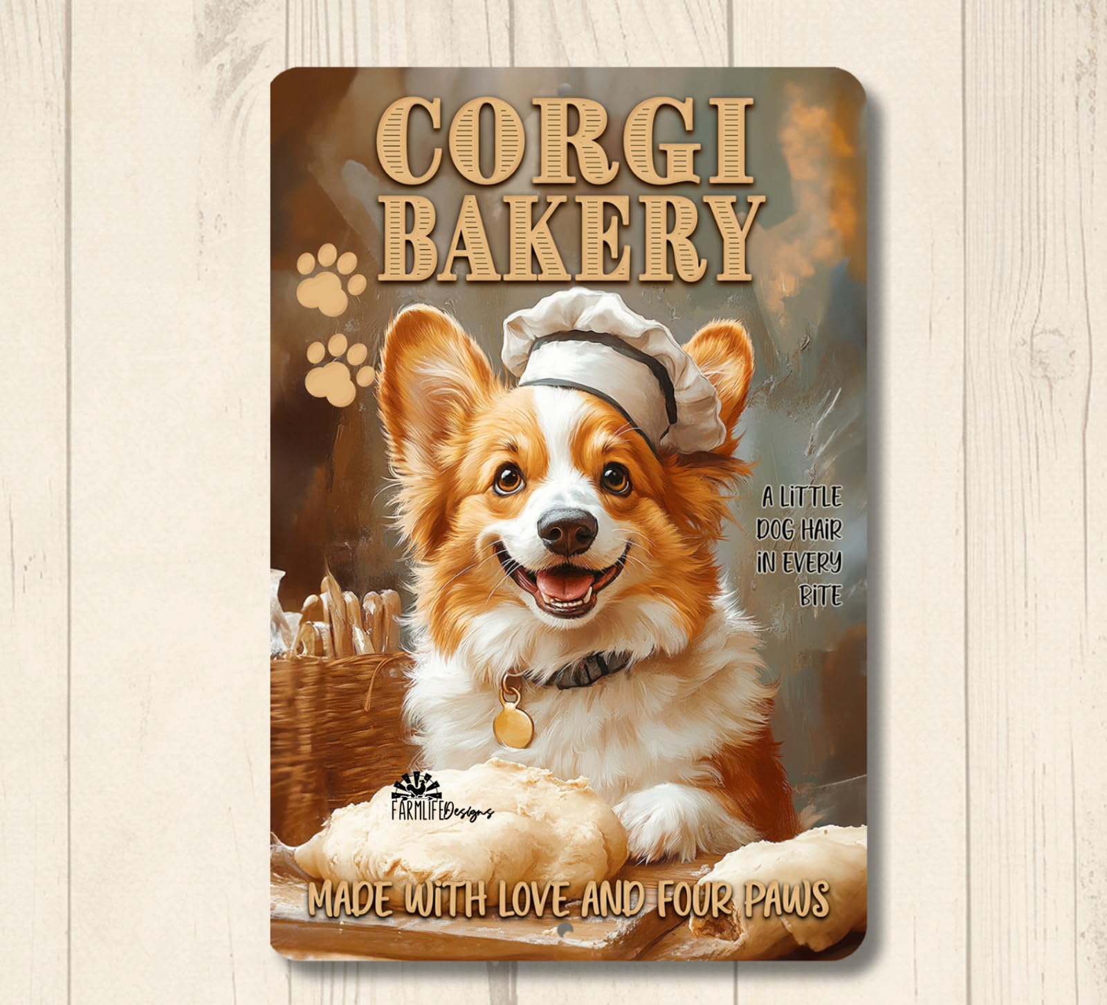 Corgi Bakery dog baking chef cooking funny metal tin wall art kitchen plaque home decor