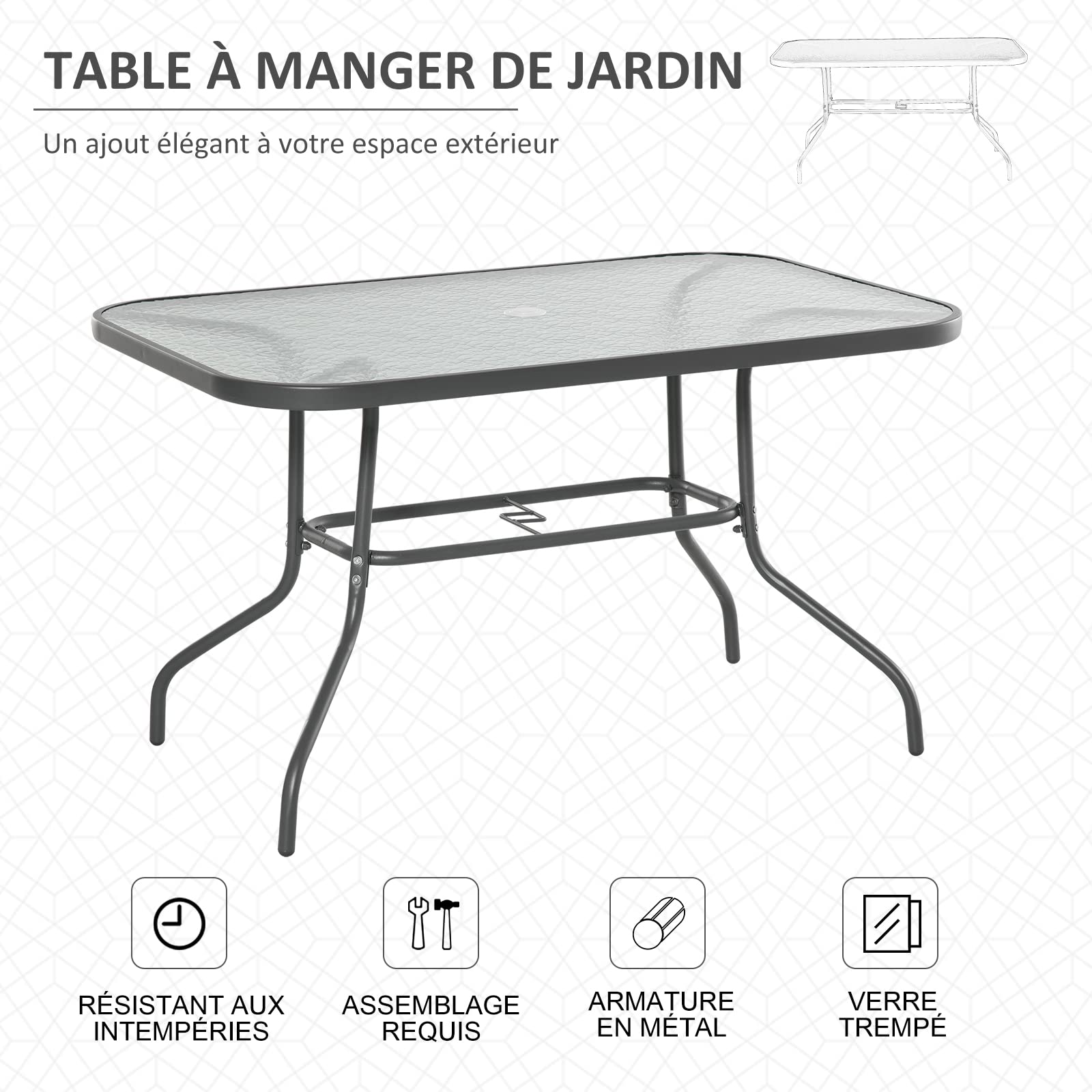 Outsunny Table de Jardin rectangulaire 120x80x70 cm métal époxy Gris Verre trempé