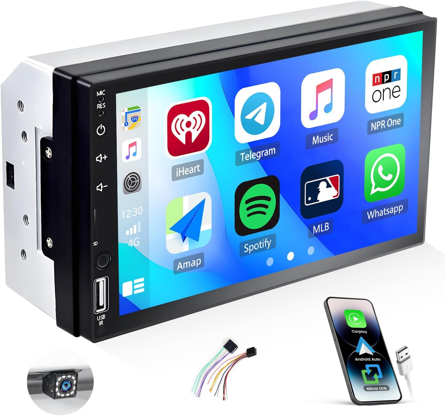 Double Din Car Stereo, in-Dash Car Radio with CarPlay/Android Auto Bluetooth 7 Inch HD Touchscreen Auto Radio with Backup Camera, FM/Mirror Link//TF/AUX/USB/Multimedia MP5 Player