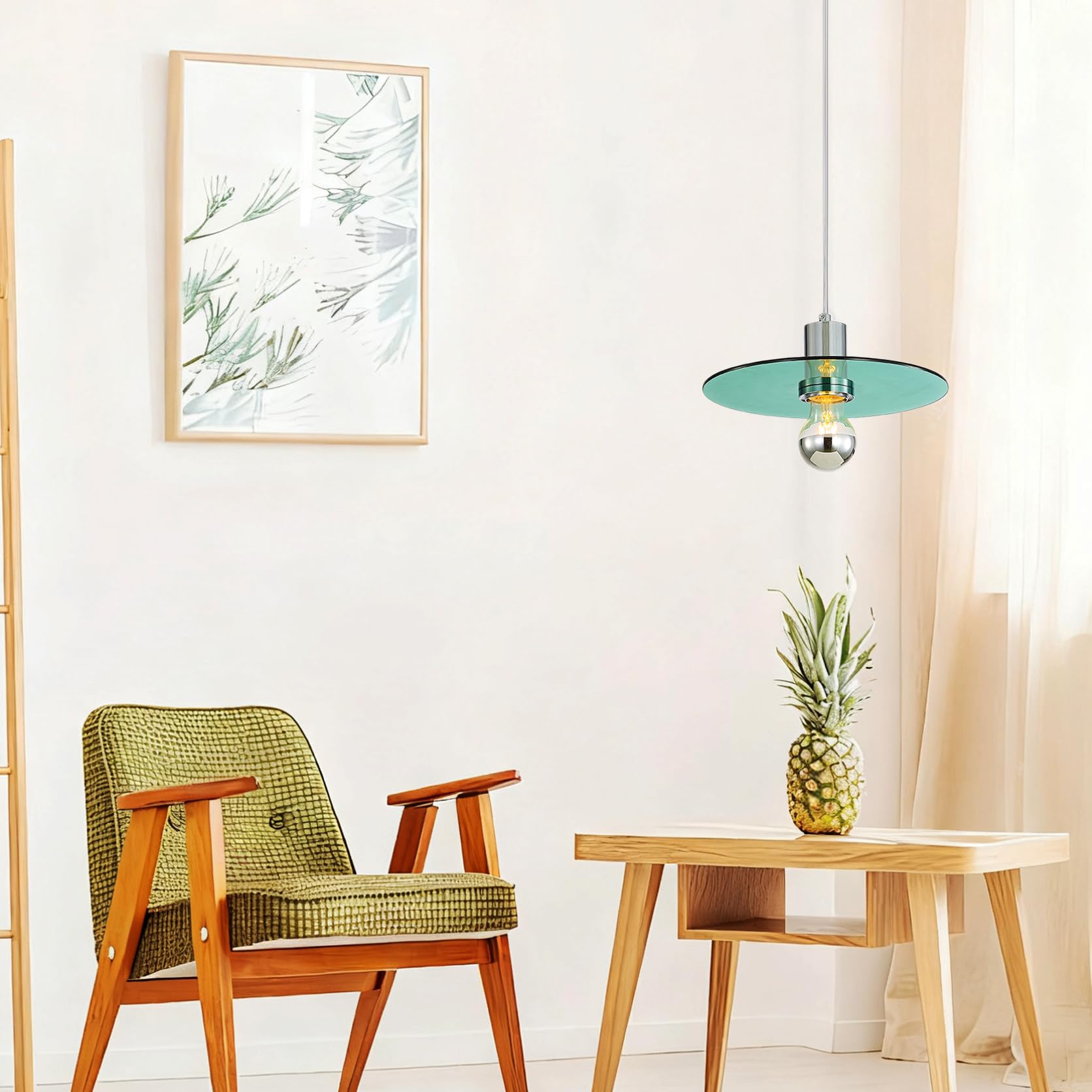 1 Flammig Pendelleuchte Esstisch, Minimalist Hängelampe aus Rund Glas-Scheibe in Grün & Metall in Chrom E27 LED Hängeleuchte für Küche Esszimmer Schlafzimmer & Wohnzimmer