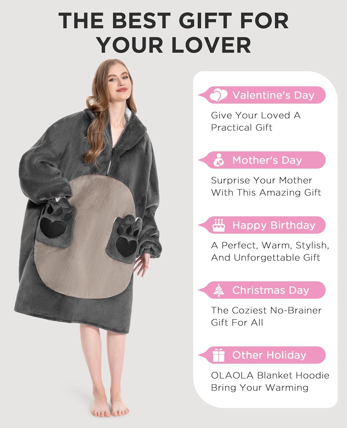 OLAOLA Wearable Blanket Hoodie for Adults - Oversized Animal Hooded Blanket - Soft Warm Cozy Sherpa Fleece Sweatshirt - Image 6