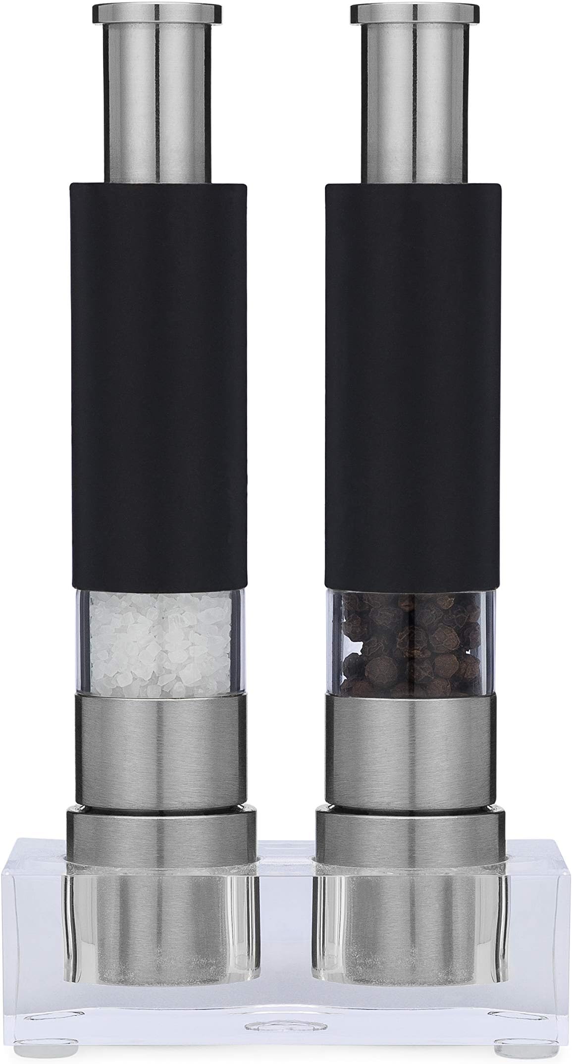 Salt and Pepper Grinder Set, Refillable, Pump & Grind, Thumb Press (Reflex Black Set)