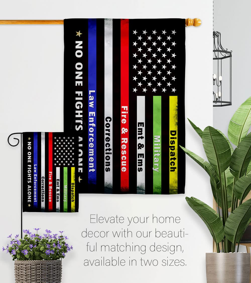 Bandera de casa con texto en inglés "No One Fights Alone House", servicio de las fuerzas armadas, todas las ramas, apoyan honor, oficial de veteranos militares estadounidenses, pancarta pequeña para