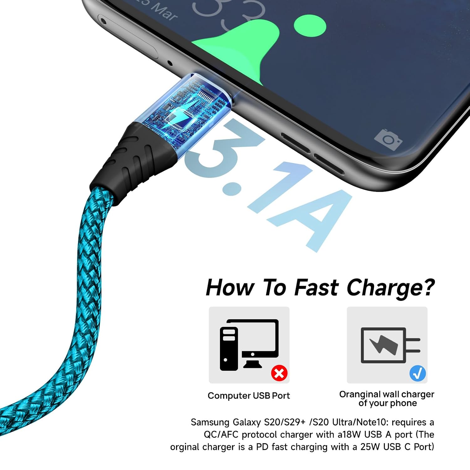 4Pack USB C Type C Cable 10FT,Nylon Braided Fast Charging 3A Quick Charger Cord,USB A to Type C Charger Cord Cable for Samsung Galaxy S20 S10 S9 S8 Plus S10E,Note 20 10 9 8,Moto G7 G8-Green image 3
