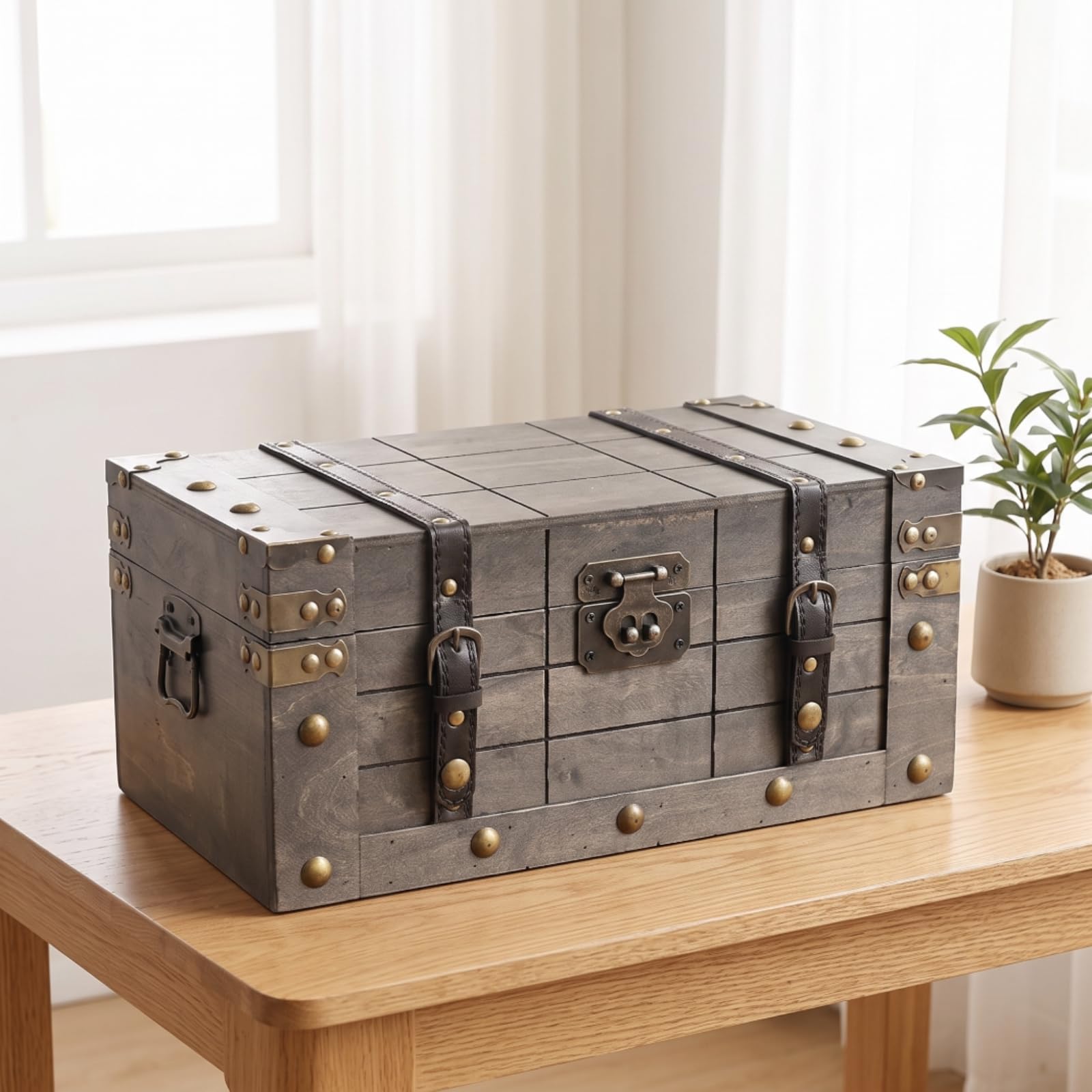 Baoblaze Baúl Antiguo de Madera Caja Contenedor Decorativo con Tapa Abatible Madera con Pátina Verdosa Correas y Remaches Cierres Metálicos Asas Laterales, Verde Envejecido, Grande