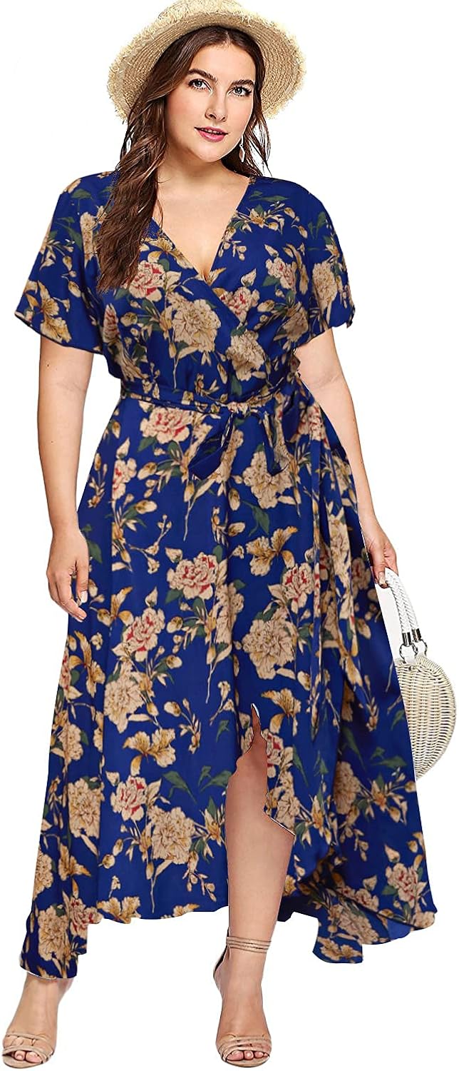 Milumia Plus Size Women Empire Waist Asymmetrical High Low Bohemian Maxi Dress