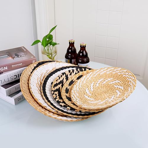 Miniatura 7 de Juego de 6 cestas de pared tejidas para colgar, grandes, redondas, rústicas, rústicas, modernas, decoración de pared de ratán y seegrass hecha a