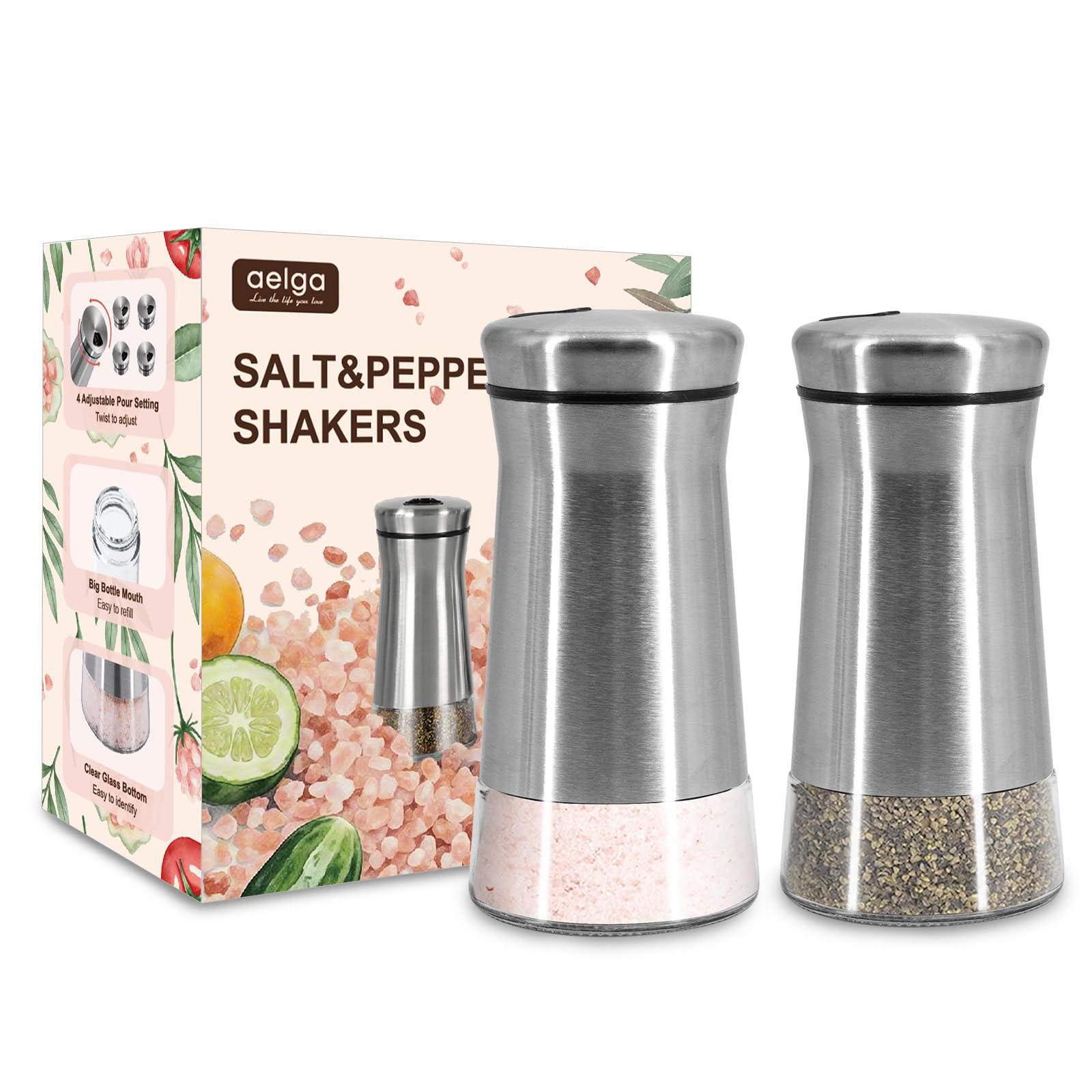 Aelga Salero y pimentero con agujeros de vertido ajustables, elegantes saleros de acero inoxidable, 2 unidades, dispensadores de sal para sales del Himalaya, kosher y marinas