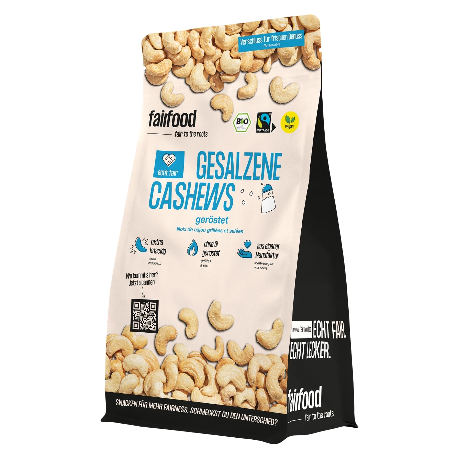 fairfood Bio Cashews geröstet & gesalzen 500g - Fairtrade & Vegan - Ohne Öl geröstet in eigener Manufaktur
