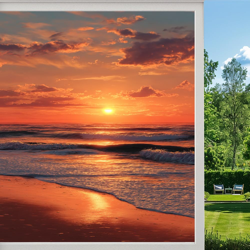 Pmlbaous Colorful Sunrise Beach Frosted Window Film, Natural Ocean Scenery Stained Glass Privacy Film, Heat Insulation Self-Adhesive Vinyl For Bathroom Office, （55X100cm）
