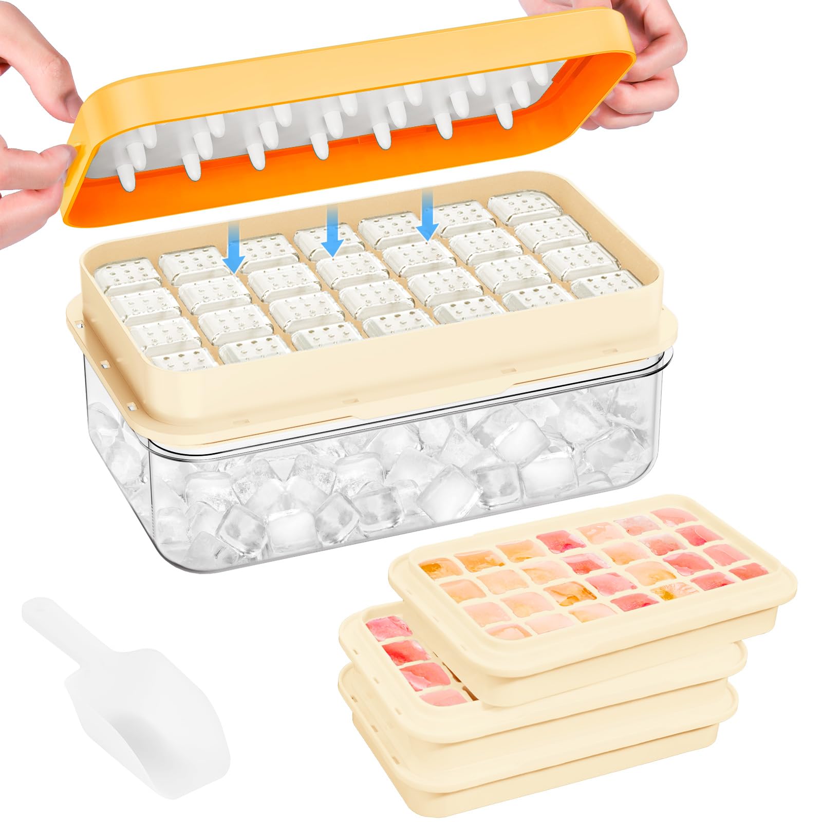 PHINOX Ice Cube Tray with Lid and Bin, 3 Pack Plastic Ice Cube Tray Molds, 84 pcs Ice Trays for freezer, Chilling Drinks, Whiskey & Cocktails, with Ice Container and Ice Scoop, BPA-Free