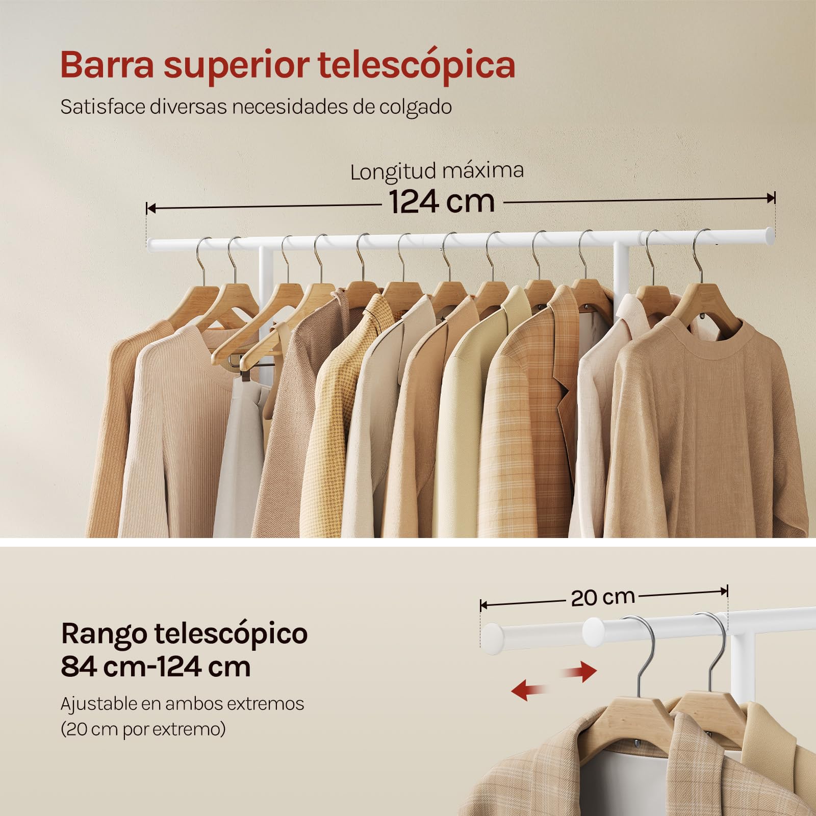 WOLTU Perchero Burro Ropa, Perchero de Pie con Ruedas, Barra Extansible y Estente de Almacenaje de Tela Oxford, Metal, Capacidad 70 kg, (84-124) x40x156 cm, para Dormitorio y Entrada, Blanco
