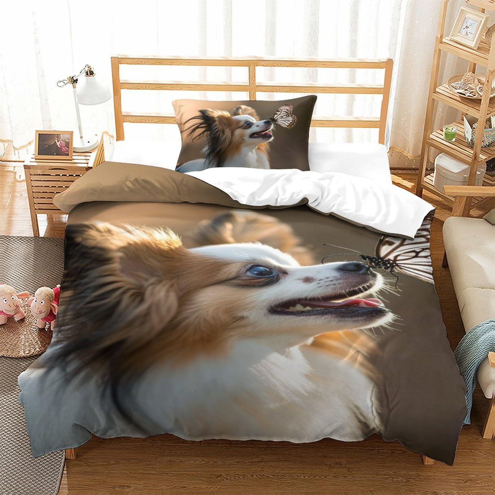 Parure de lit chien papillon zippée pour chambre d'enfant et lit adulte single