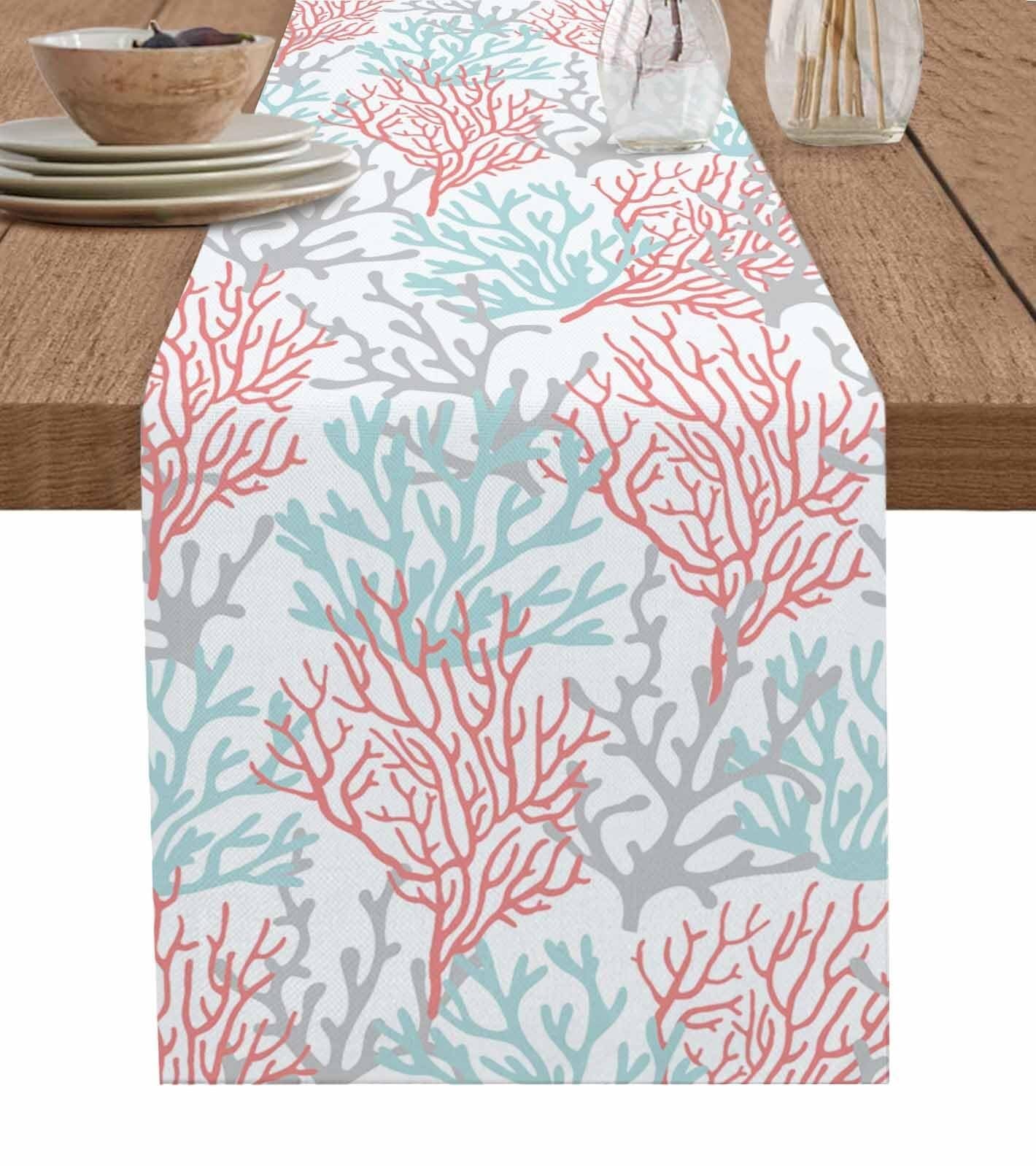 Chemin de Table en Coton et Lin Bleu Corail 13"x60" - Parfait for Une décoration sur Le thème de la Plage en été(Red Blue Coral,13x90 inch)