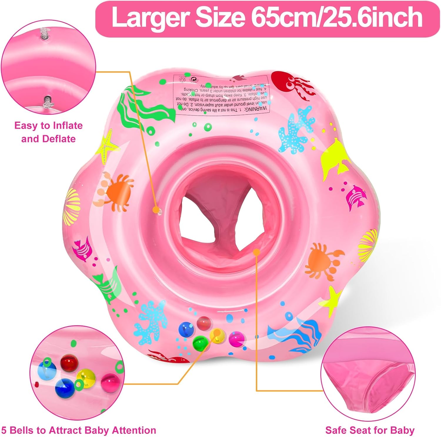 Extra-Large 25.6" Baby Pool Float with Double Airbag & Safety Seat, Inflatable Swimming Ring Float for 6-36 Months Toddler Infant Upgraded Diameter Enhances Stability in Kiddie Pool/Bathtub Swim Train