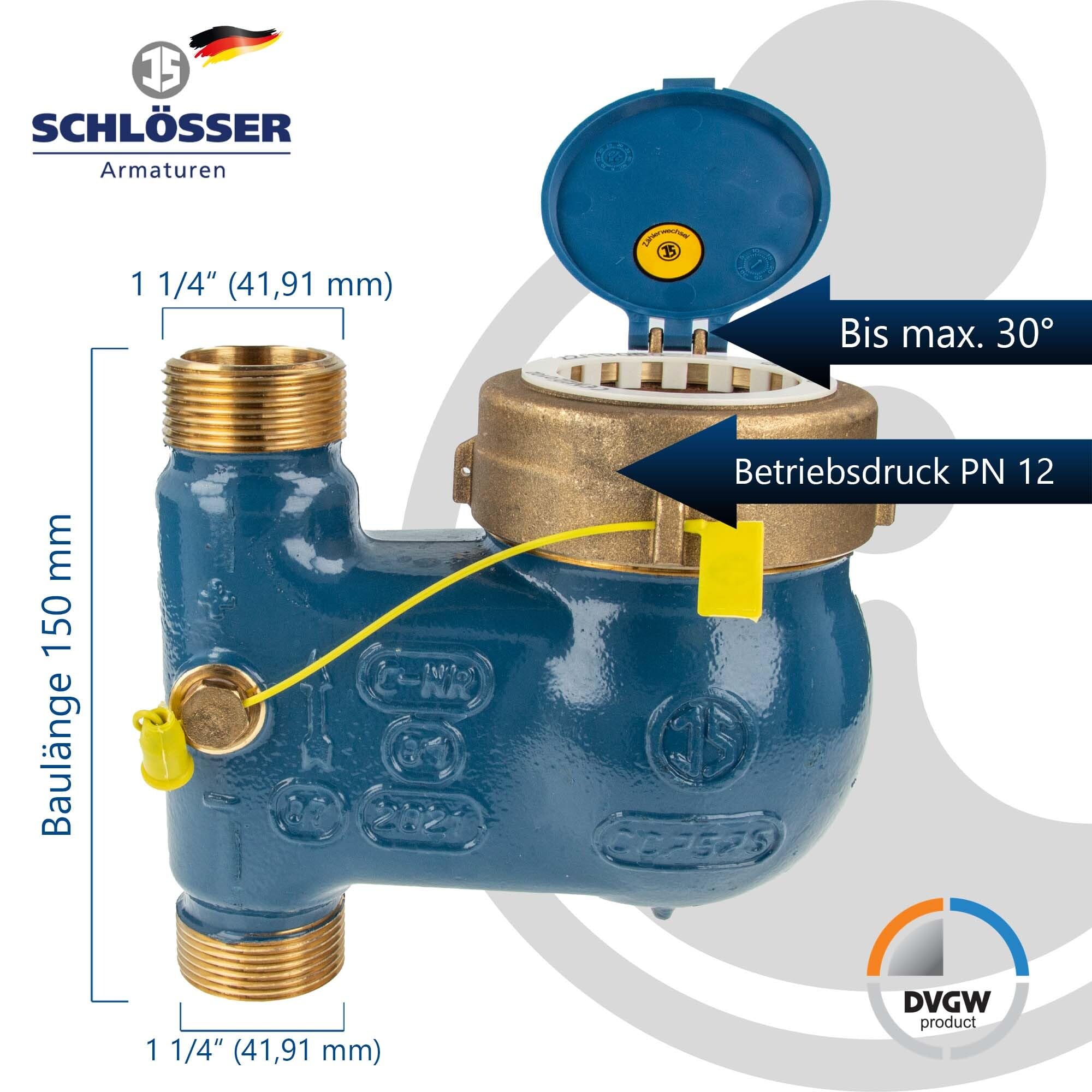 Steigrohr Hauswasserzähler Kombi-Set, Baulänge 150 mm, inkl. Verschraubungen 1 1/4 Zoll x 1 Zoll AG, Messing