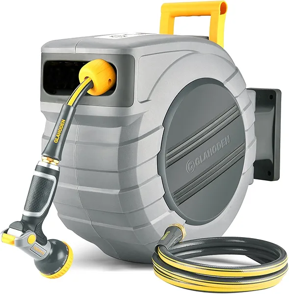GLAHODEN Retractable Garden Hose Reel 5/8 in x 65 ft, 2025 Upgraded Dual Ratchet Lock UV & Freeze Protection Brass Seal Slow Retraction Anti-Tangle Hose 180°Swivel Reinforced Scaffold Wall Mount