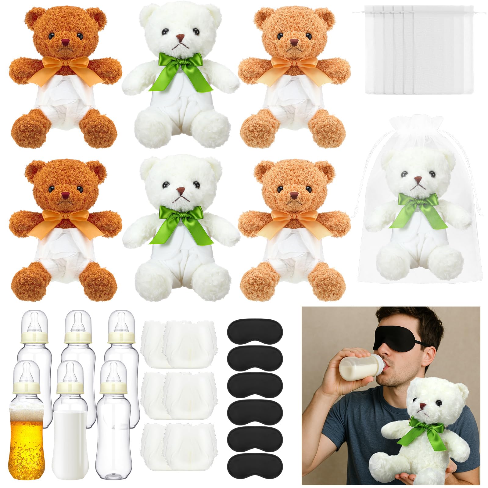 6 Sets Bottle Chug Bear Baby Shower Games White Brown Tan Brown Bear
