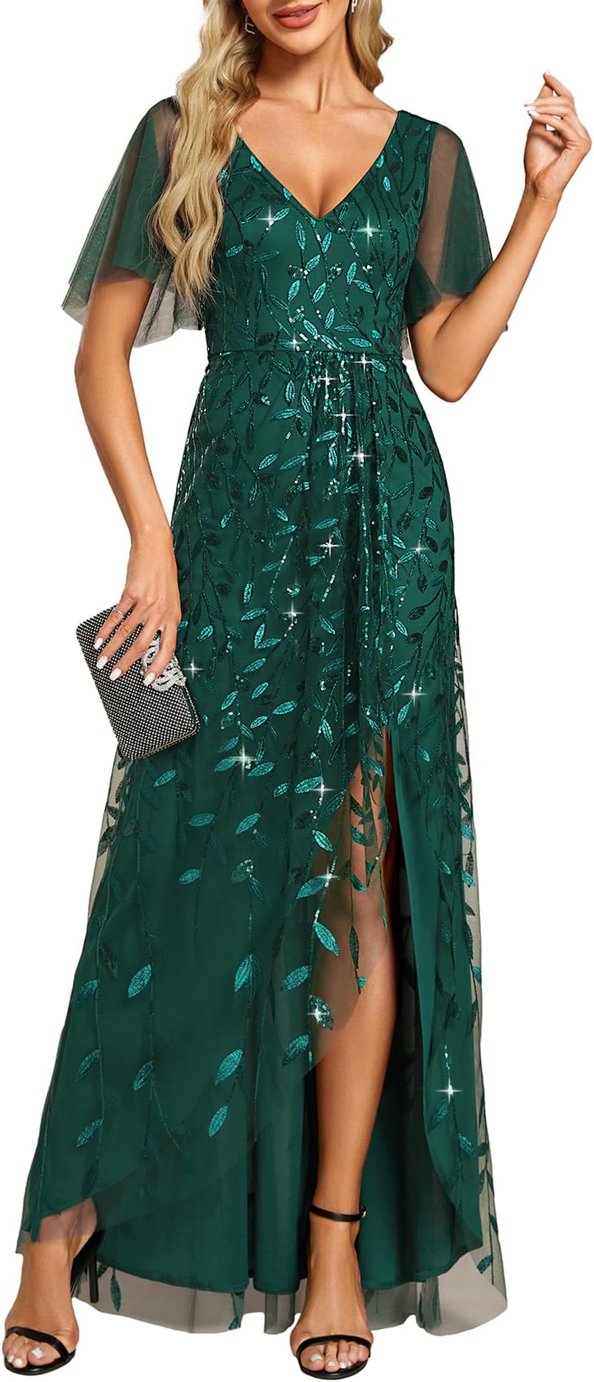 Women's Shimmery Formal Dress V Neck Sequins A-Line Side Slit Elegant Long Evening Dresses 02083