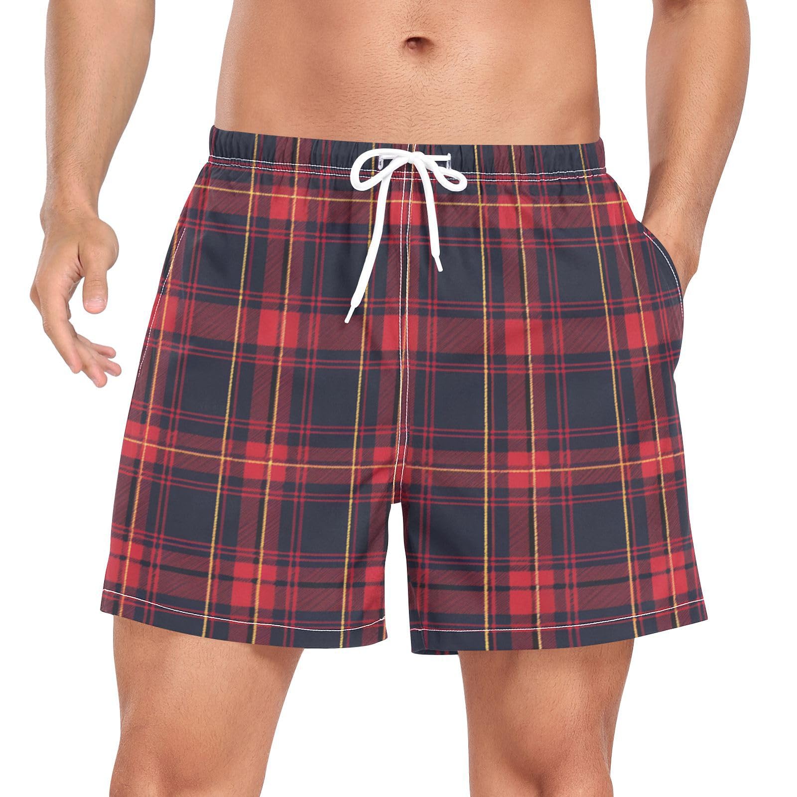 Plaid Tartan Buffalo Red Men's Swim Trunks Quick Dry Board Shorts Mesh Lining