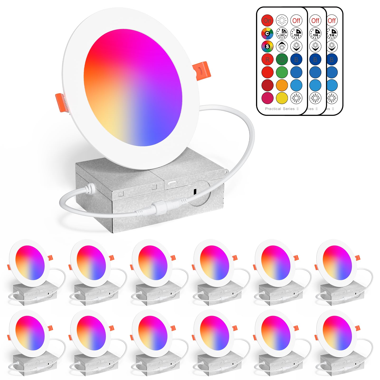 Recessed Lighting 4 Inch Color Changing Pot Lights 12W LED Downlights,1050Lumens Recessed Ceiling Light,RGB & Warm White 2700K Dimmable by Remote Control,Timer - 12 Color Choices - 2 Modes,12 Pack