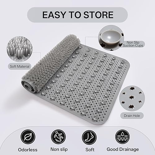 Miniatura 8 de Tapete de ducha antideslizante, tapete para bañera con ventosas y orificios de drenaje, secado rápido, suave en los pies, 16 x 27 pulgadas