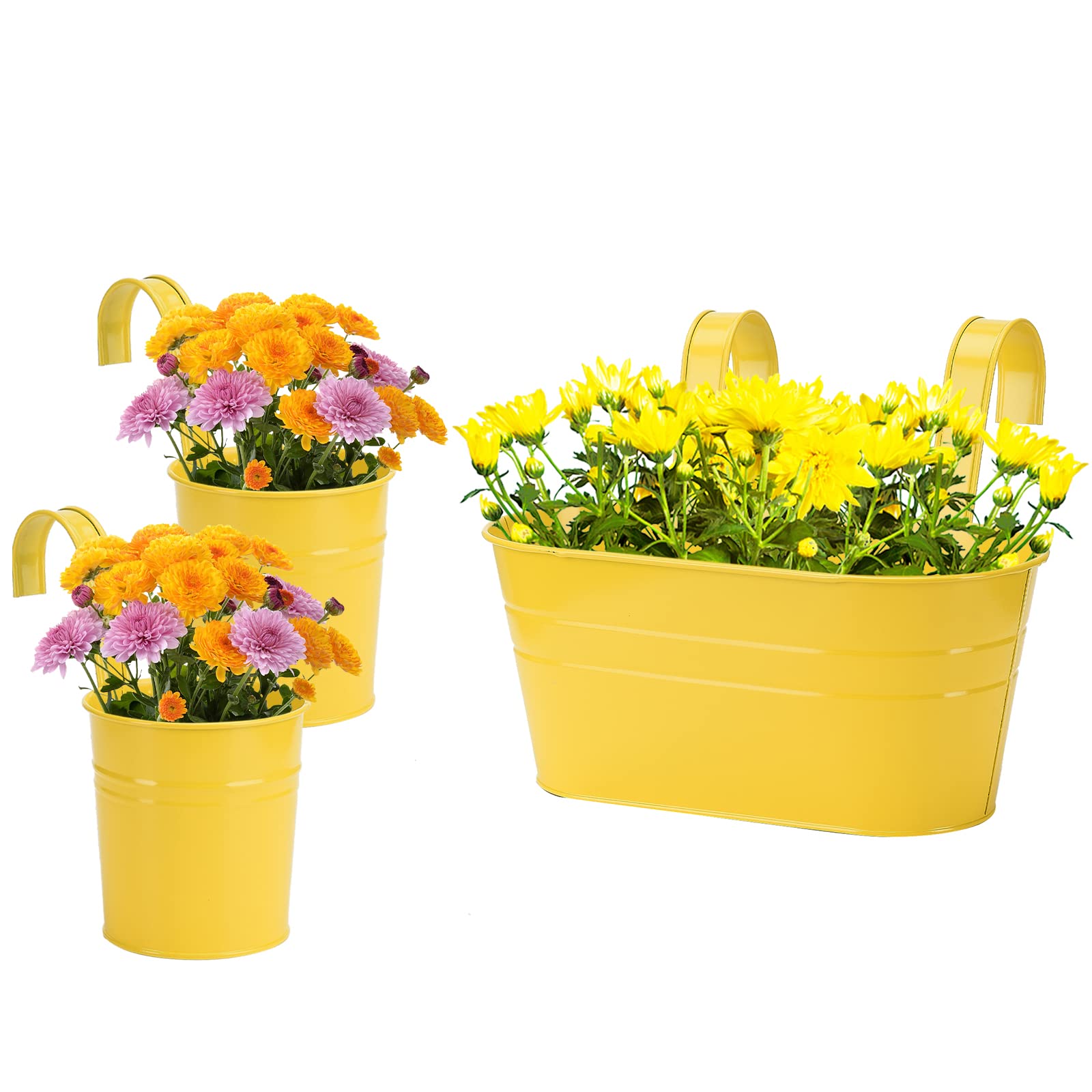 KWQBHW 3 Pcs Metal Iron Hanging Flower Pot Oval Rail Planters Iron Hanging Bucket Planter for Railing Fence Balcony Planter Box Plant Holder with Hooks, Yellow