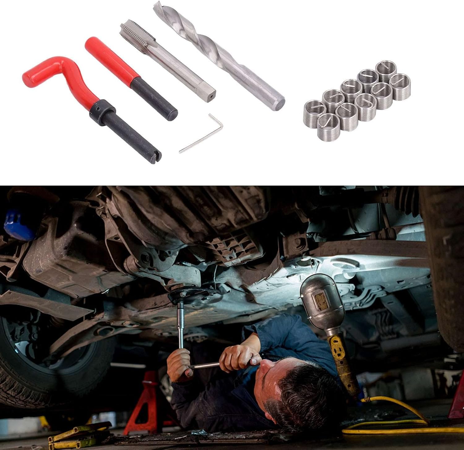 15Pcs Set Thread Repair Kit, Stainless Steel Thread Repair Kit M14x1.50mm, Insert Compatible Hand Tool for Auto Repairing