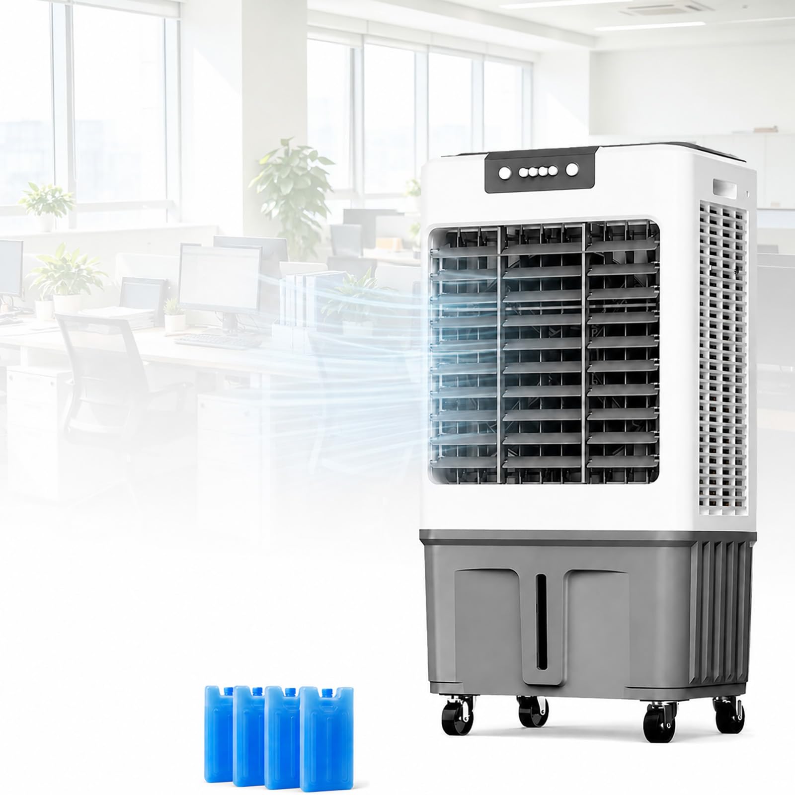 Climatizador Evaporativo Industrial, Sin Tubo con Botones, Ventilador Climatizador para Enfriar, Lamas Oscilantes, 4 Acumuladores de Frío, Temporizador 24 Horas, para Hogar y Oficina