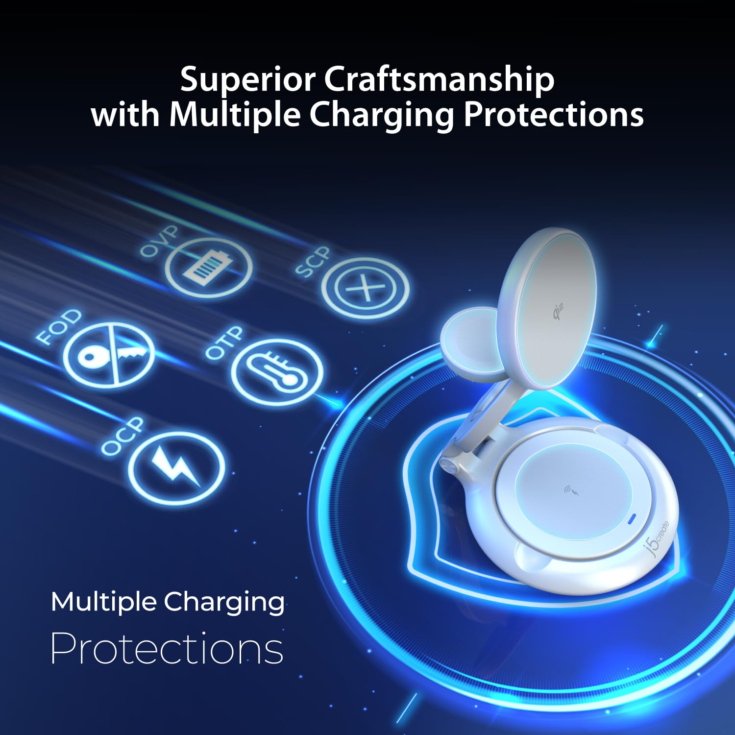 j5create Bezprzewodowa stacja ładująca 3 w 1 z certyfikatem Qi2 15 W, idealna do iPhone'a 16 15, Apple Watch, AirPods – składana i regulowana, kompleksowa ochrona ładowania dla osób przyjaznych dla
