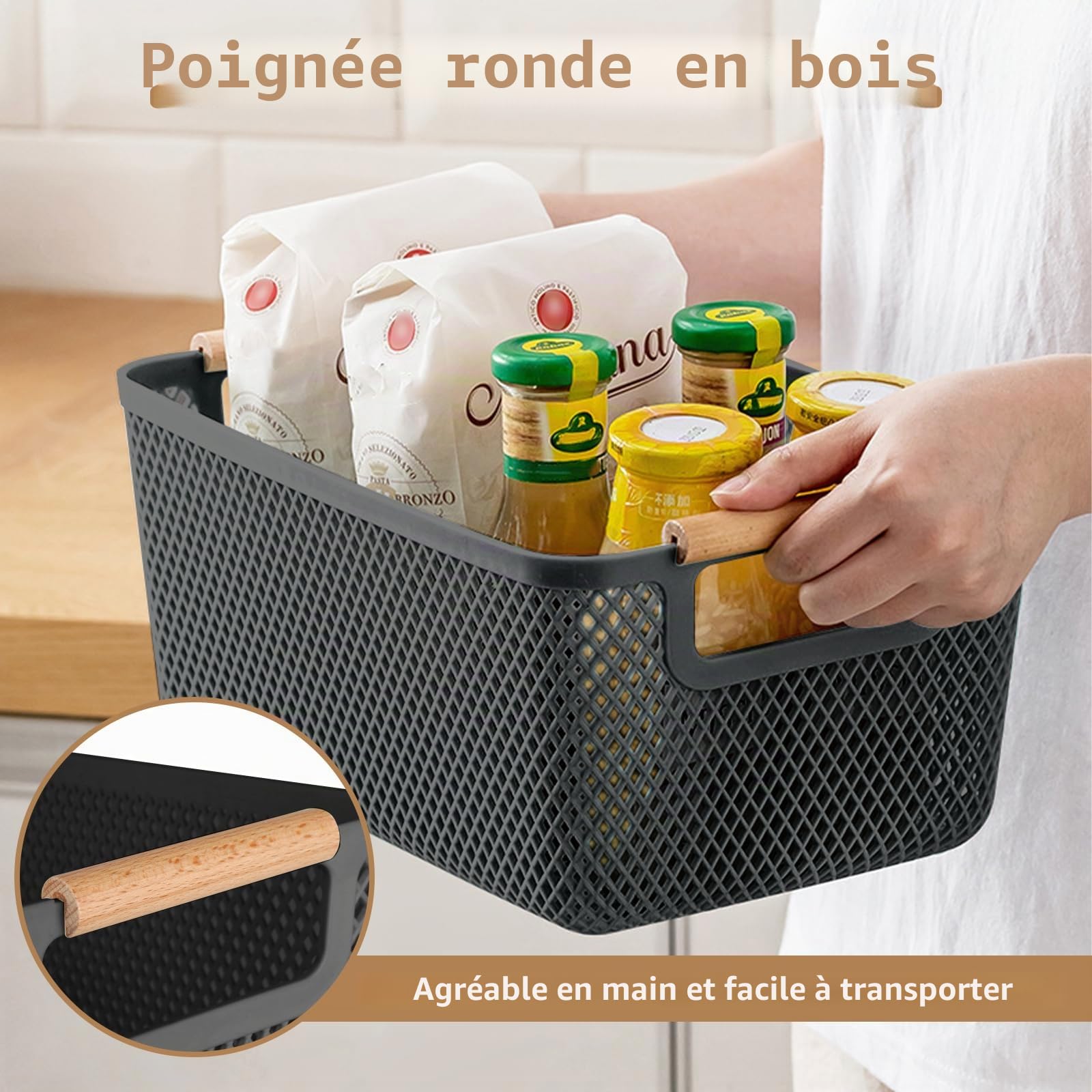 Lot de 6 boîtes de rangement noires sans couvercle