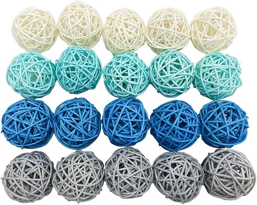 Paquete de 20 bolas de mimbre mixtas de mimbre gris, azul y blanco, bolas decorativas para cuencos, relleno de jarrón, decoración de mesa auxiliar,