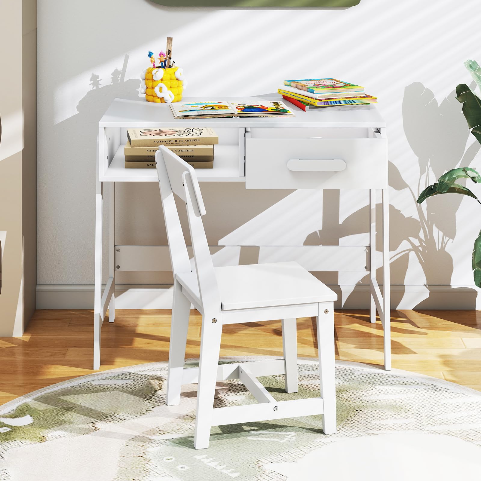LIFEZEAL Set Scrivania e Sedia per Bambini 3+Anni, Scrivania con Cassetto, Banco Scuola, Tavolo da Studio, Sedia con Schienale, in Legno, per Cameretta, Giocare, Studiare, Multiattività (bianco)