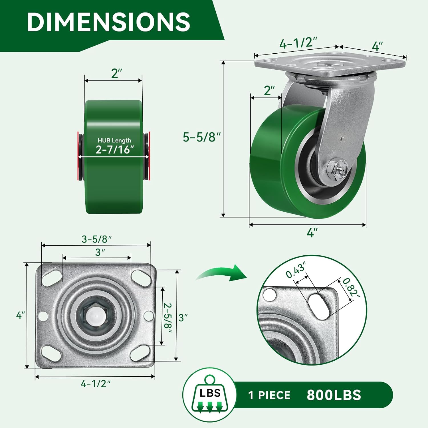 4 Inch Caster Wheels- Heavy Duty Casters, Polyurethane on Aluminum Caster Wheel with up to 800LB Capacity- Widely Used in Tool Box, Workshop, Garage, U-Boat Platform Trucks (1 Swivel)