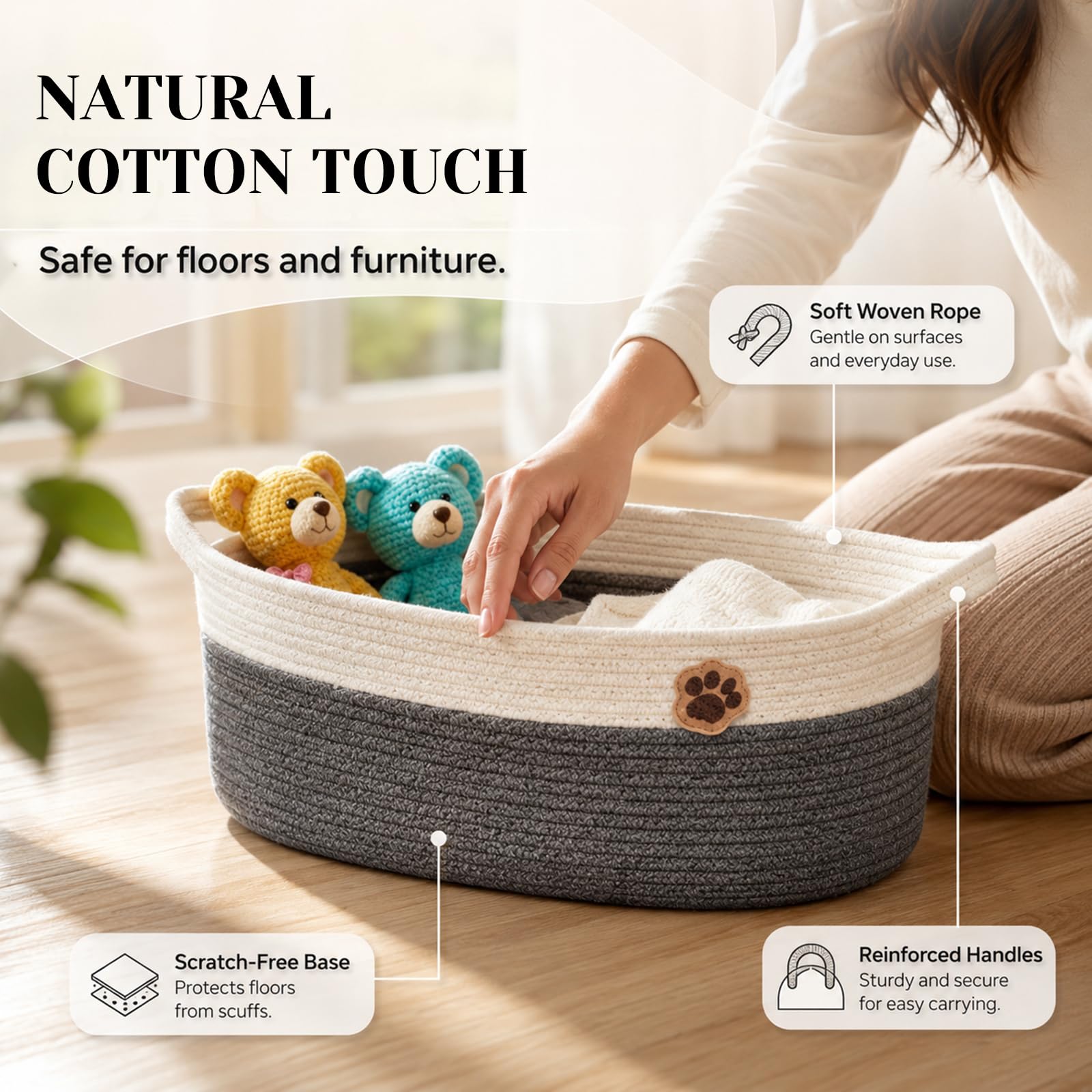30L Cesto Intrecciato, Organizer per Accessori per Cani, Abbigliamento, Coperte E Casa, Contenitore per Biancheria in Tessuto con Manici 50×20×28 Cm Grigio