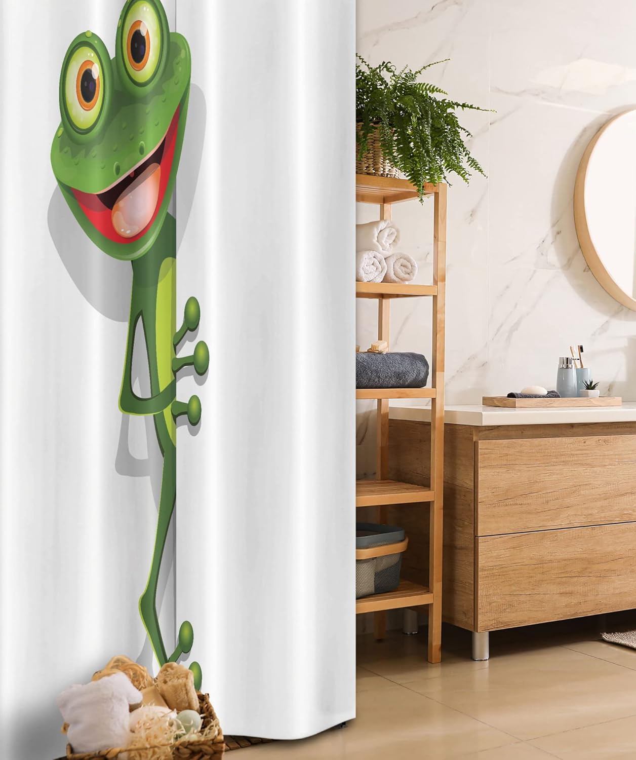 Ambesonne Cartoon Stall Shower Curtain, Jolly Frog Greater Eye Lizard Gecko Smily Funny Art, Fabric Bathroom Decor Set with Hooks, 36" W x 72" L, Green Fern