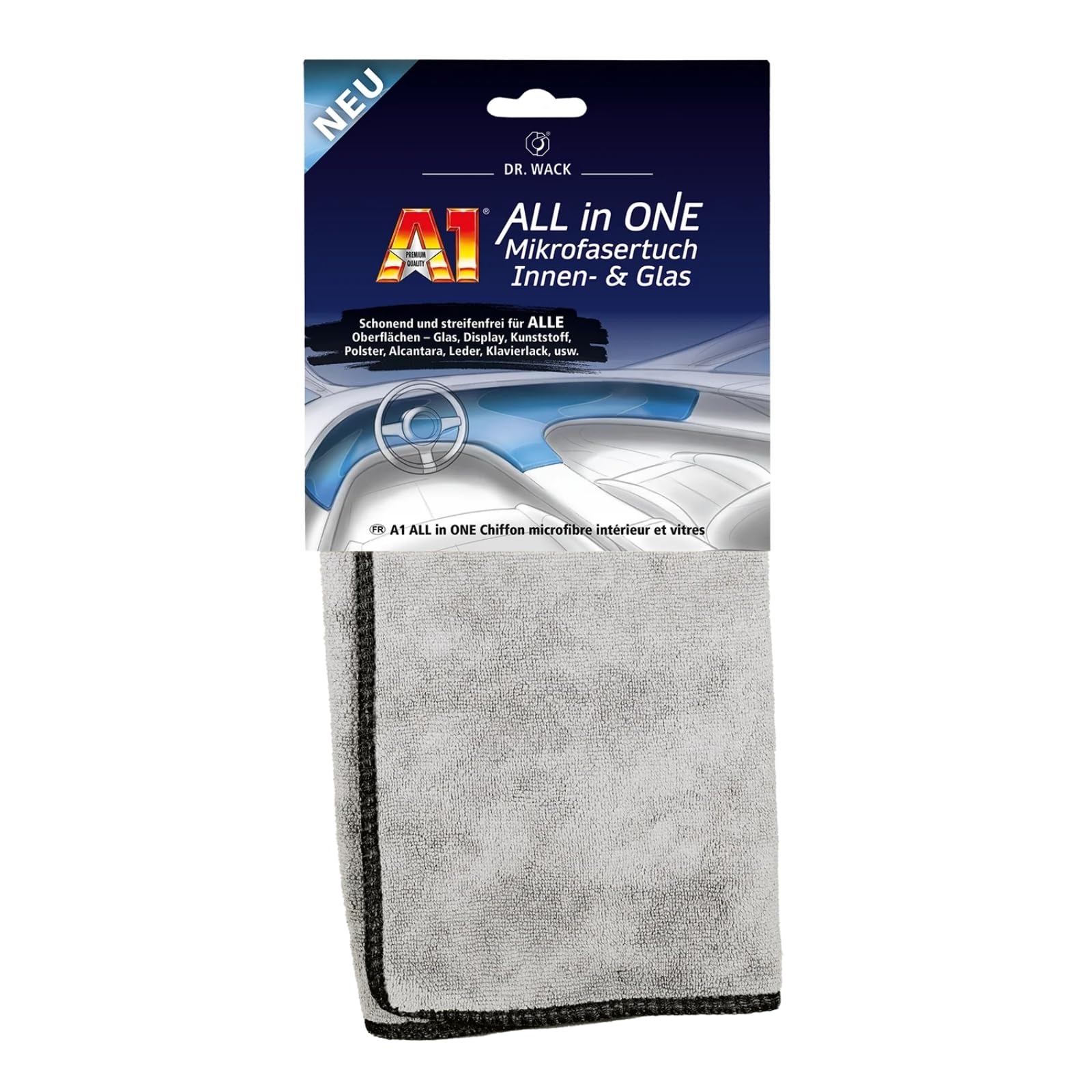 Dr. Wack A1 All in ONE Mikrofasertuch Innen & Glas - 40 x 40 cm - Auto-Reinigungstuch - extrem weich & saugstark - 100% fusselfrei - schonende & streifenfreie Autoreinigung - Hochwertige Autopflege