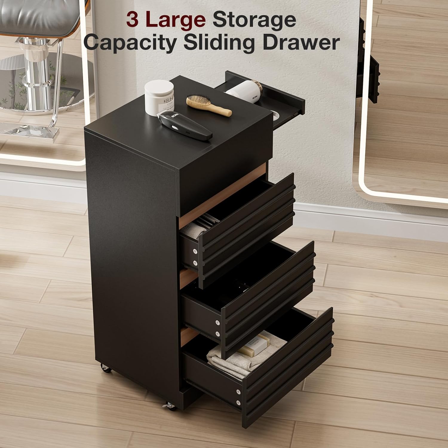 Salon Trolley Cart with Lockable Wheels, Rolling Hair Cart with 3 Dryer Holders for Hair Stylist, Wall Mount Makeup Organizer Stations Cabinet for Beauty Spa Barbershop Tattoo (Black)