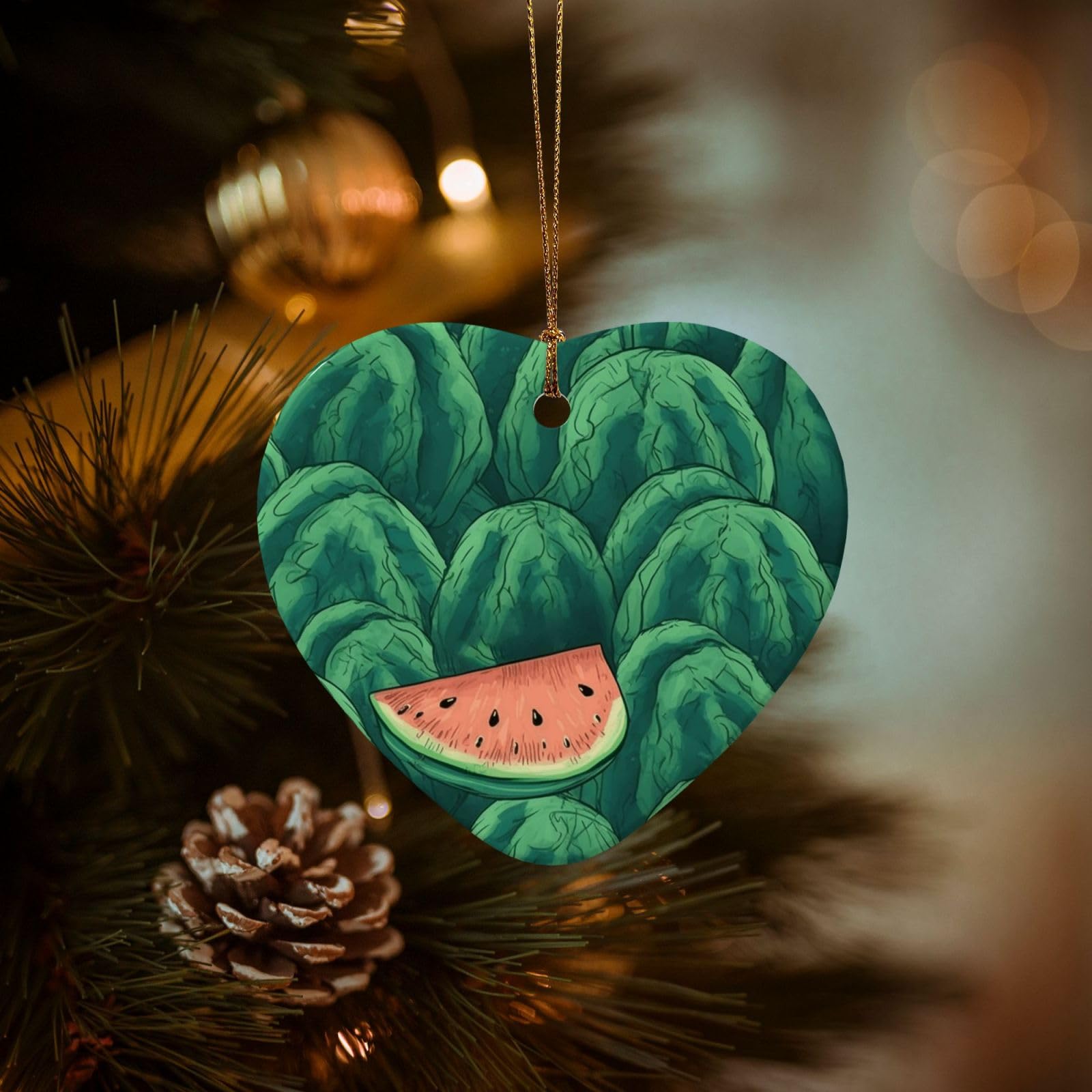 Christmas Tree Ornaments Ceramics Christmas Decorations Green Watermelon Pattern Ornaments with Gold Ribbon Porcelain Xmas Tree Crafts Heart Shape Hanging Pendant for Christmas Tree Party Decor