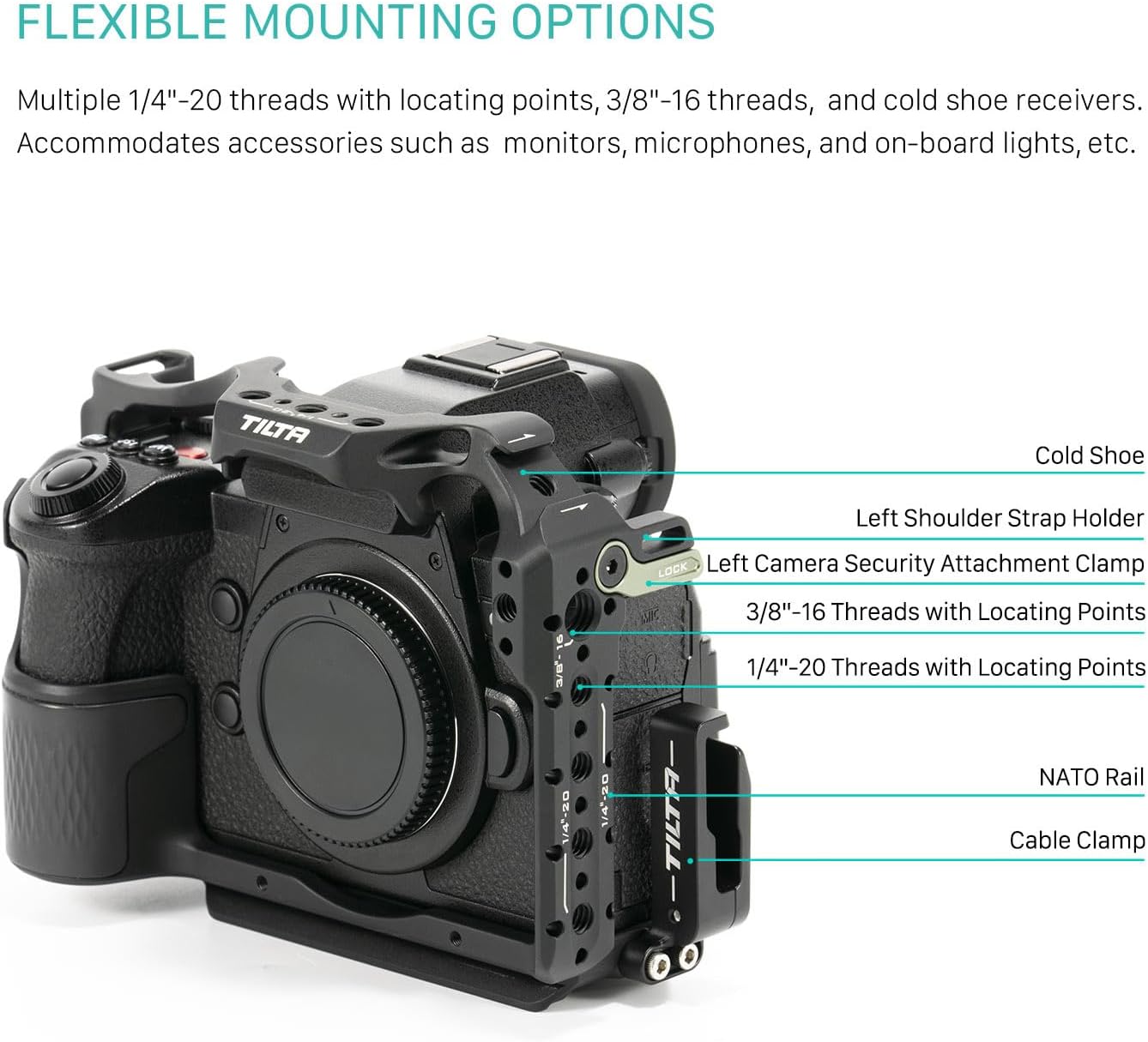 Camera Cage for Panasonic G9 II Basic Kit | NATO Rail, Cold Shoe, and 3/8"-16 and 1/4"-20 Threads | ARCA BasePlate | Supports 15mm Rod Accessories | Black | TA-T63-A-B